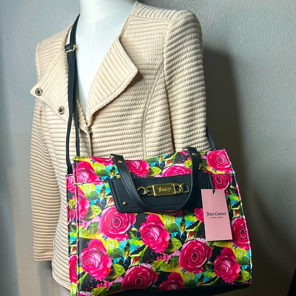 Juicy Couture Off The Chain Black Multi Rose Floral Large Crossbody Tote Bag NWT - Picture 1 of 14